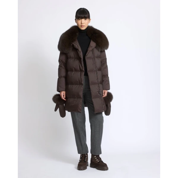 Yves Salomon Long Belted Waterproof Down Jacket with Fox Fur Trim in Brown | Coats | Luxury Shoes 