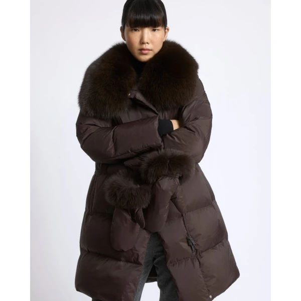Yves Salomon Long Belted Waterproof Down Jacket with Fox Fur Trim in Brown | Coats | Luxury Shoes 