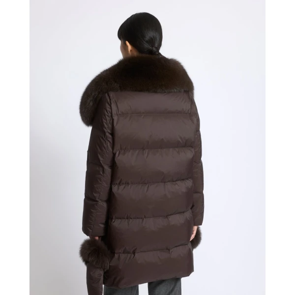 Yves Salomon Long Belted Waterproof Down Jacket with Fox Fur Trim in Brown | Coats | Luxury Shoes 