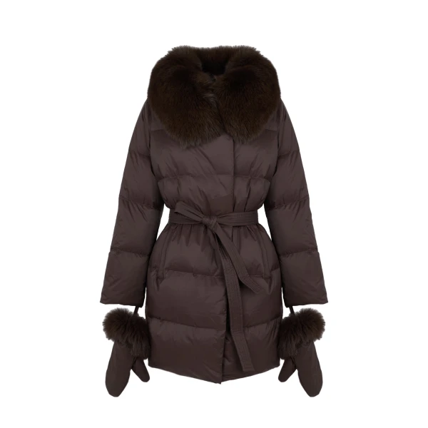 Long Belted Waterproof Down Jacket with Fox Fur Trim in Brown