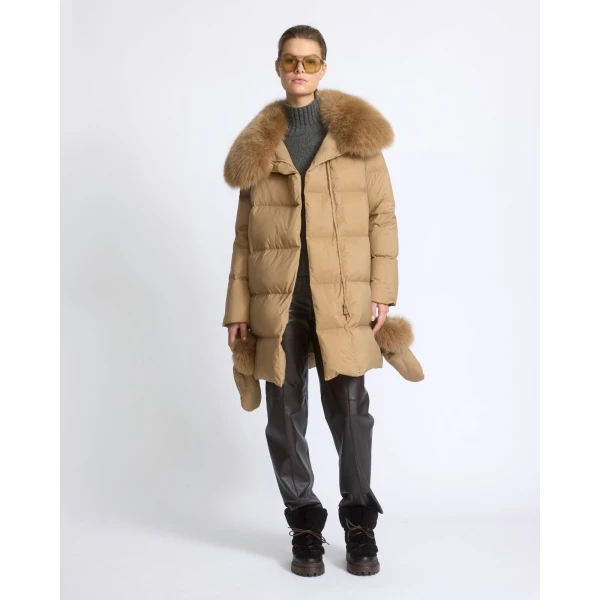 Yves Salomon Long Belted Waterproof Down Jacket with Fox Fur Trim in Camel | Coats | Luxury Shoes 