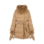 Yves Salomon Long Belted Waterproof Down Jacket with Fox Fur Trim in Camel | Coats | Luxury Shoes 