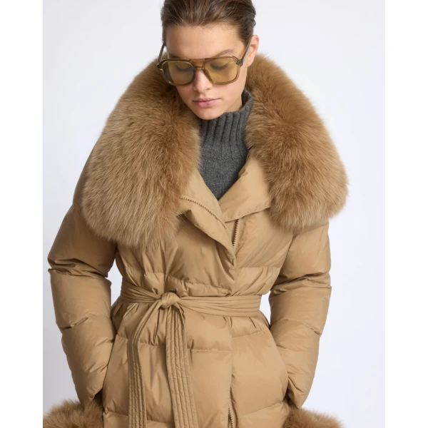Yves Salomon Long Belted Waterproof Down Jacket with Fox Fur Trim in Camel | Coats | Luxury Shoes 