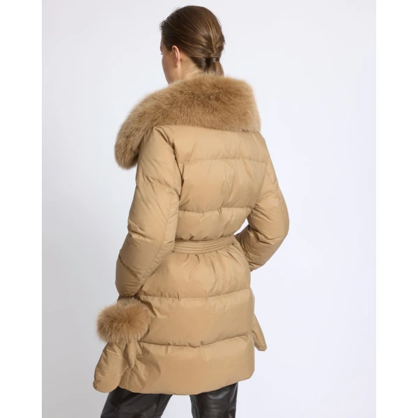 Yves Salomon Long Belted Waterproof Down Jacket with Fox Fur Trim in Camel | Coats | Luxury Shoes 