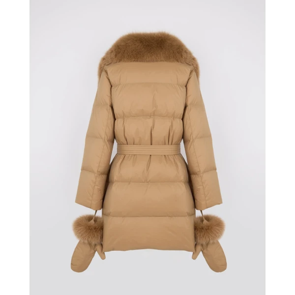 Yves Salomon Long Belted Waterproof Down Jacket with Fox Fur Trim in Camel | Coats | Luxury Shoes 