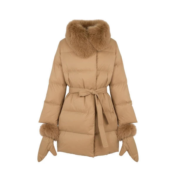 Long Belted Waterproof Down Jacket with Fox Fur Trim in Camel