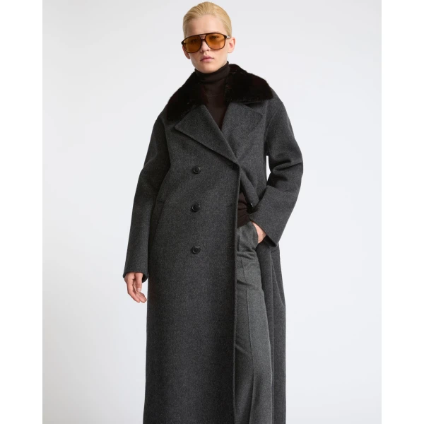 Yves Salomon Long Cashmere Wool Coat with Mink Fur Collar in Grey | Wool Coat | Luxury Shoes 