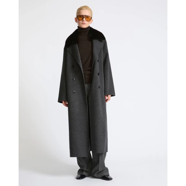 Yves Salomon Long Cashmere Wool Coat with Mink Fur Collar in Grey | Wool Coat | Luxury Shoes 