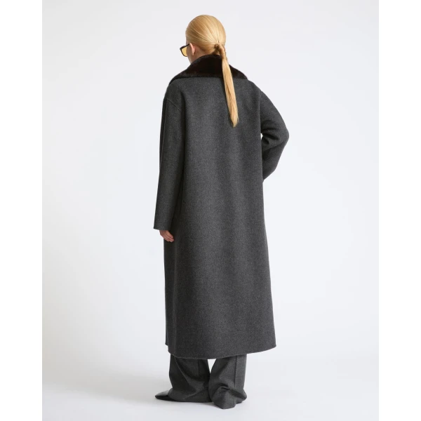 Yves Salomon Long Cashmere Wool Coat with Mink Fur Collar in Grey | Wool Coat | Luxury Shoes 