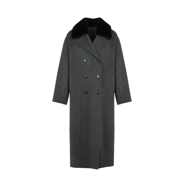 Long Cashmere Wool Coat with Mink Fur Collar in Grey