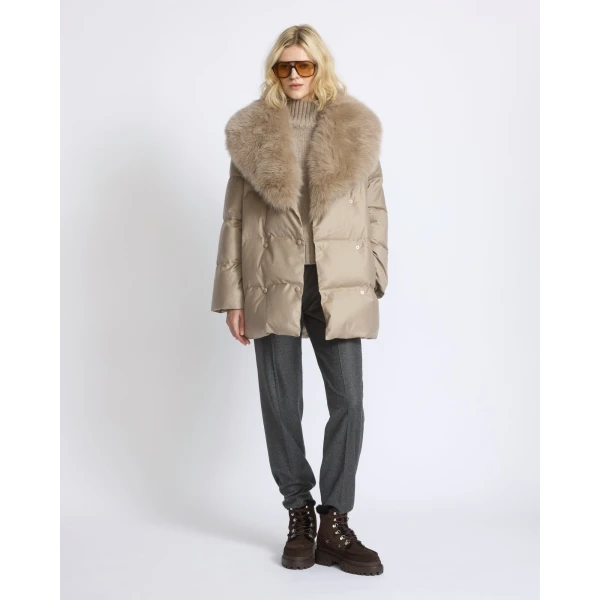 Yves Salomon Long Double-Breasted Flannel Down Jacket with Fox Fur Collar in Beige | Coats | Luxury Shoes 