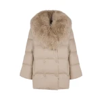 Yves Salomon Long Double-Breasted Flannel Down Jacket with Fox Fur Collar in Beige | Coats | Luxury Shoes 