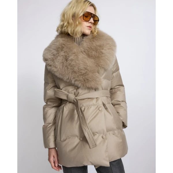 Yves Salomon Long Double-Breasted Flannel Down Jacket with Fox Fur Collar in Beige | Coats | Luxury Shoes 