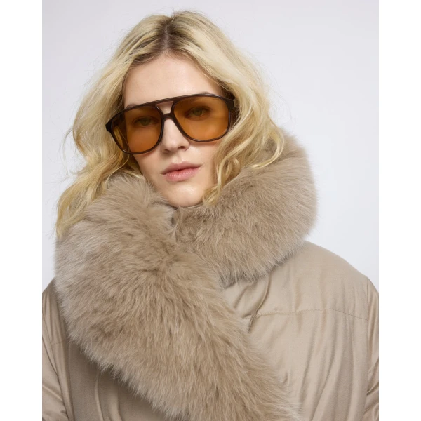 Yves Salomon Long Double-Breasted Flannel Down Jacket with Fox Fur Collar in Beige | Coats | Luxury Shoes 