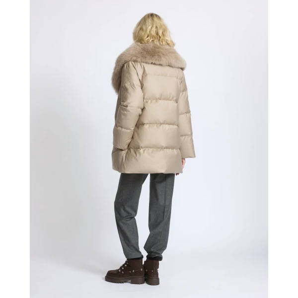 Yves Salomon Long Double-Breasted Flannel Down Jacket with Fox Fur Collar in Beige | Coats | Luxury Shoes 