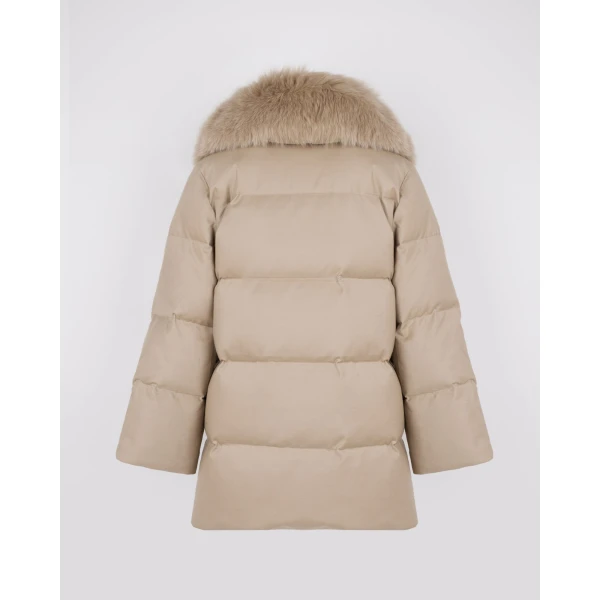 Yves Salomon Long Double-Breasted Flannel Down Jacket with Fox Fur Collar in Beige | Coats | Luxury Shoes 