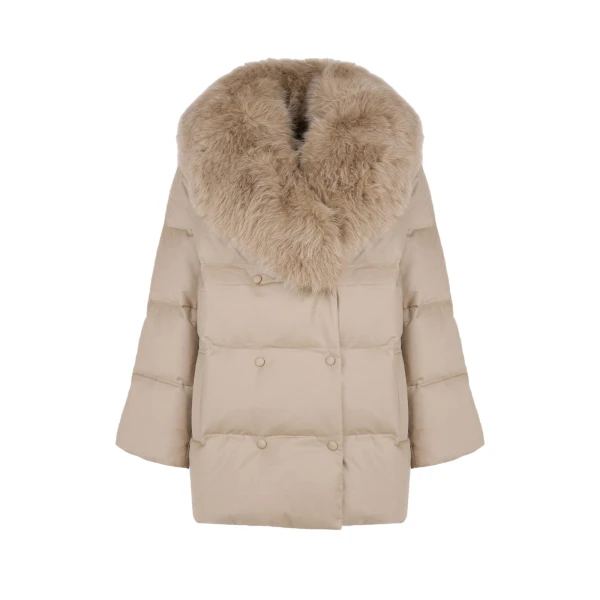 Yves Salomon Long Double-Breasted Flannel Down Jacket with Fox Fur Collar in Beige | Coats | Luxury Shoes 