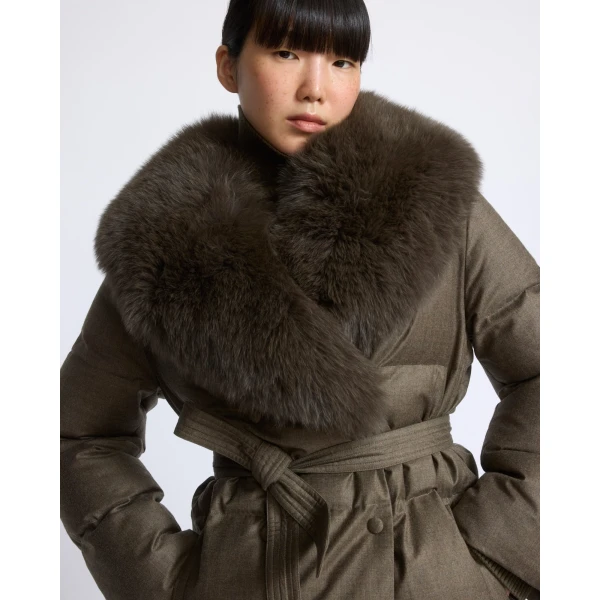 Yves Salomon Long Double-Breasted Technical Flannel Down Jacket with Fox Fur Collar in Brown | Coats | Luxury Shoes 