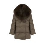 Yves Salomon Long Double-Breasted Technical Flannel Down Jacket with Fox Fur Collar in Brown | Coats | Luxury Shoes 