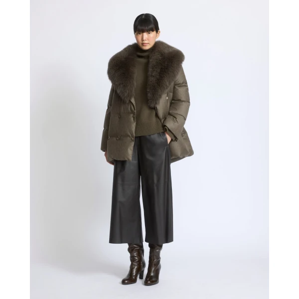 Yves Salomon Long Double-Breasted Technical Flannel Down Jacket with Fox Fur Collar in Brown | Coats | Luxury Shoes 