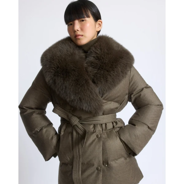 Yves Salomon Long Double-Breasted Technical Flannel Down Jacket with Fox Fur Collar in Brown | Coats | Luxury Shoes 