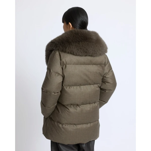 Yves Salomon Long Double-Breasted Technical Flannel Down Jacket with Fox Fur Collar in Brown | Coats | Luxury Shoes 