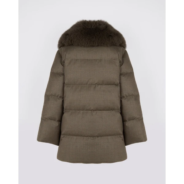 Yves Salomon Long Double-Breasted Technical Flannel Down Jacket with Fox Fur Collar in Brown | Coats | Luxury Shoes 