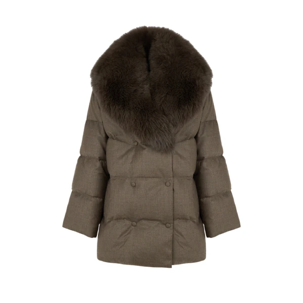 Long Double-Breasted Technical Flannel Down Jacket with Fox Fur Collar in Brown