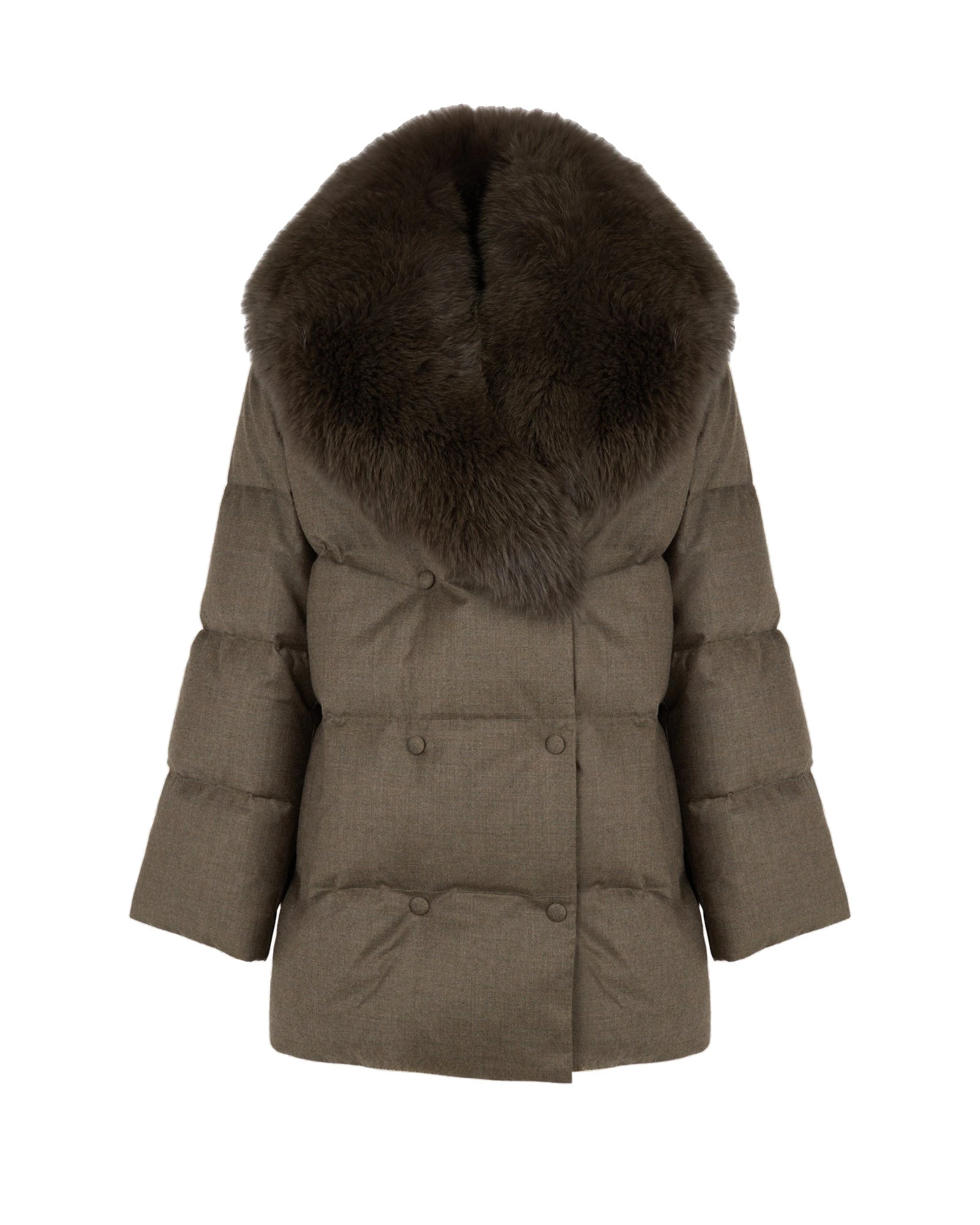 Yves Salomon Long Double-Breasted Technical Flannel Down Jacket with Fox Fur Collar in Brown Yves Salomon Long Double-Breasted Technical Flannel Down Jacket with Fox Fur Collar in Brown | Coats | Luxury Shoes