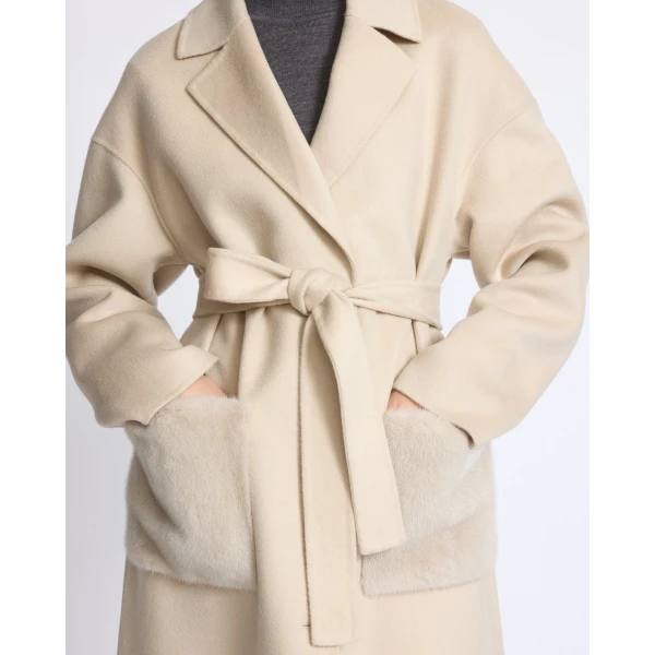 Yves Salomon Long Double-Faced Wool and Cashmere Coat with Mink Pockets in Beige | Wool Coat | Luxury Shoes 