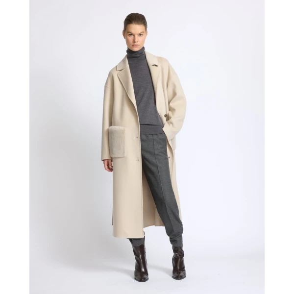 Yves Salomon Long Double-Faced Wool and Cashmere Coat with Mink Pockets in Beige | Wool Coat | Luxury Shoes 