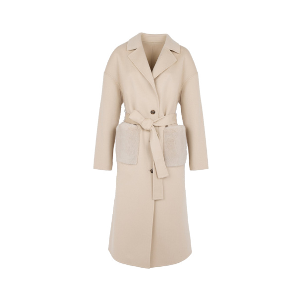 Yves Salomon Long Double-Faced Wool and Cashmere Coat with Mink Pockets in Beige | Wool Coat | Luxury Shoes 