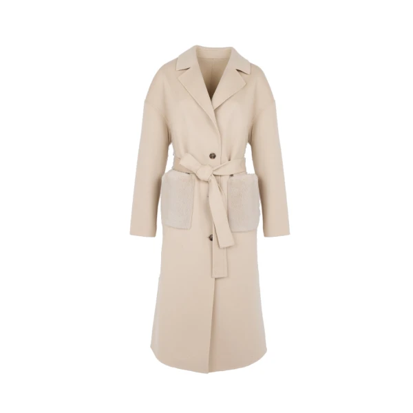 Long Double-Faced Wool and Cashmere Coat with Mink Pockets in Beige