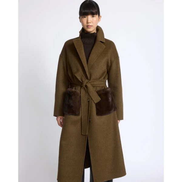 Yves Salomon Long Double-Faced Wool and Cashmere Coat with Mink Pockets in Brown | Wool Coat | Luxury Shoes 