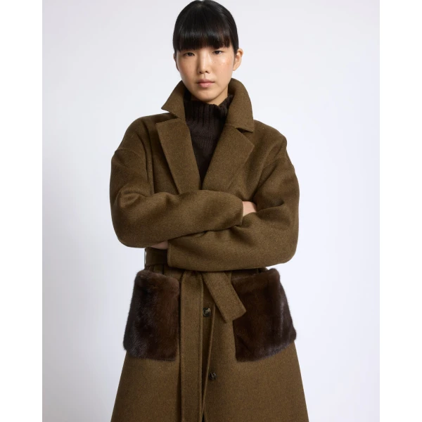 Yves Salomon Long Double-Faced Wool and Cashmere Coat with Mink Pockets in Brown | Wool Coat | Luxury Shoes 