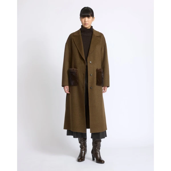 Yves Salomon Long Double-Faced Wool and Cashmere Coat with Mink Pockets in Brown | Wool Coat | Luxury Shoes 