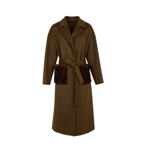 Yves Salomon Long Double-Faced Wool and Cashmere Coat with Mink Pockets in Brown | Wool Coat | Luxury Shoes 