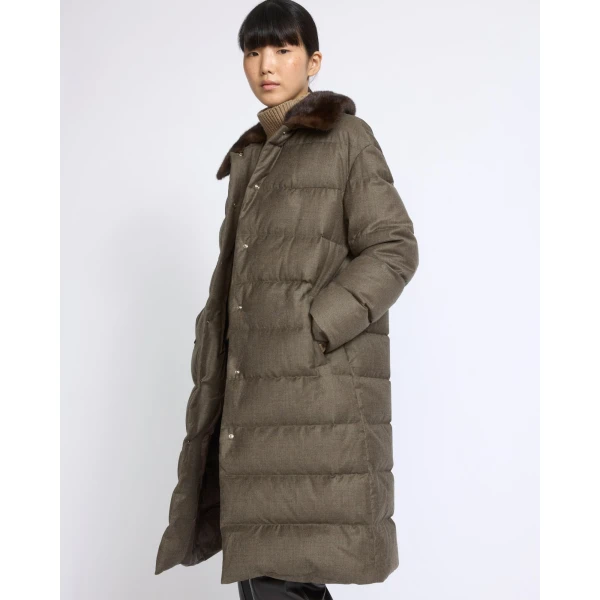 Yves Salomon Long Down Jacket with Detachable Mink Fur Collar in Brown | Jackets | Luxury Shoes 