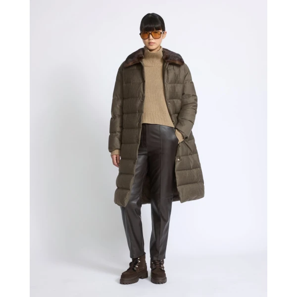 Yves Salomon Long Down Jacket with Detachable Mink Fur Collar in Brown | Jackets | Luxury Shoes 
