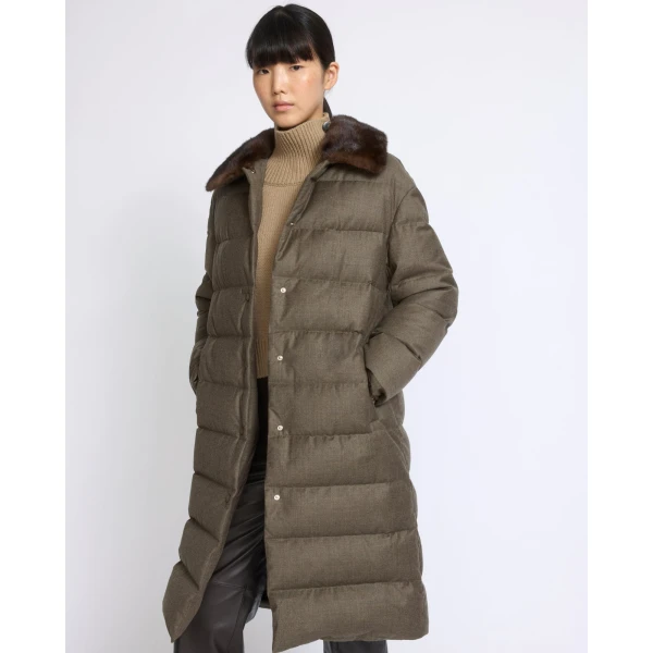 Yves Salomon Long Down Jacket with Detachable Mink Fur Collar in Brown | Jackets | Luxury Shoes 