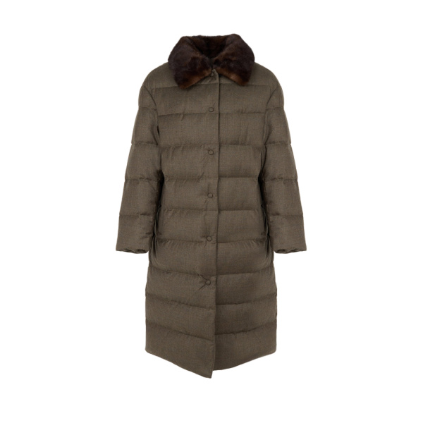 Yves Salomon Long Down Jacket with Detachable Mink Fur Collar in Brown | Jackets | Luxury Shoes 