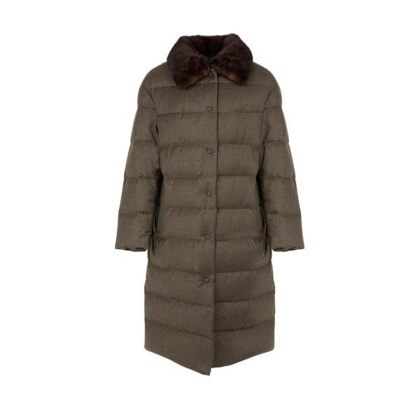 Yves Salomon Long Down Jacket with Detachable Mink Fur Collar in Brown | Jackets | Luxury Shoes 