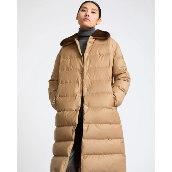 Yves Salomon Long Down Jacket with Detachable Mink Fur Collar in Camel | Coats | Luxury Shoes 