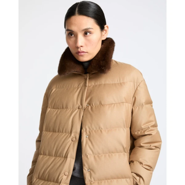 Yves Salomon Long Down Jacket with Detachable Mink Fur Collar in Camel | Coats | Luxury Shoes 