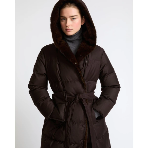 Yves Salomon Long Hooded Double-Breasted Down Jacket with Mink Fur in Brown | Coats | Luxury Shoes 
