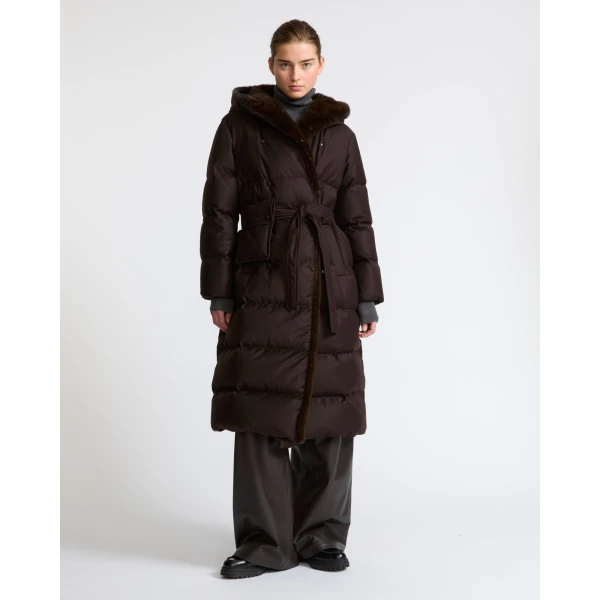 Yves Salomon Long Hooded Double-Breasted Down Jacket with Mink Fur in Brown | Coats | Luxury Shoes 
