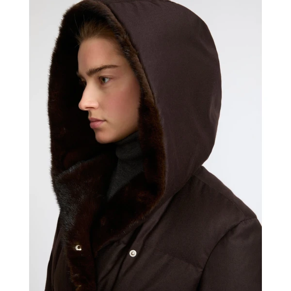 Yves Salomon Long Hooded Double-Breasted Down Jacket with Mink Fur in Brown | Coats | Luxury Shoes 