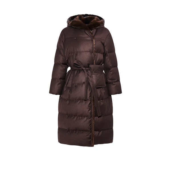 Yves Salomon Long Hooded Double-Breasted Down Jacket with Mink Fur in Brown | Coats | Luxury Shoes 