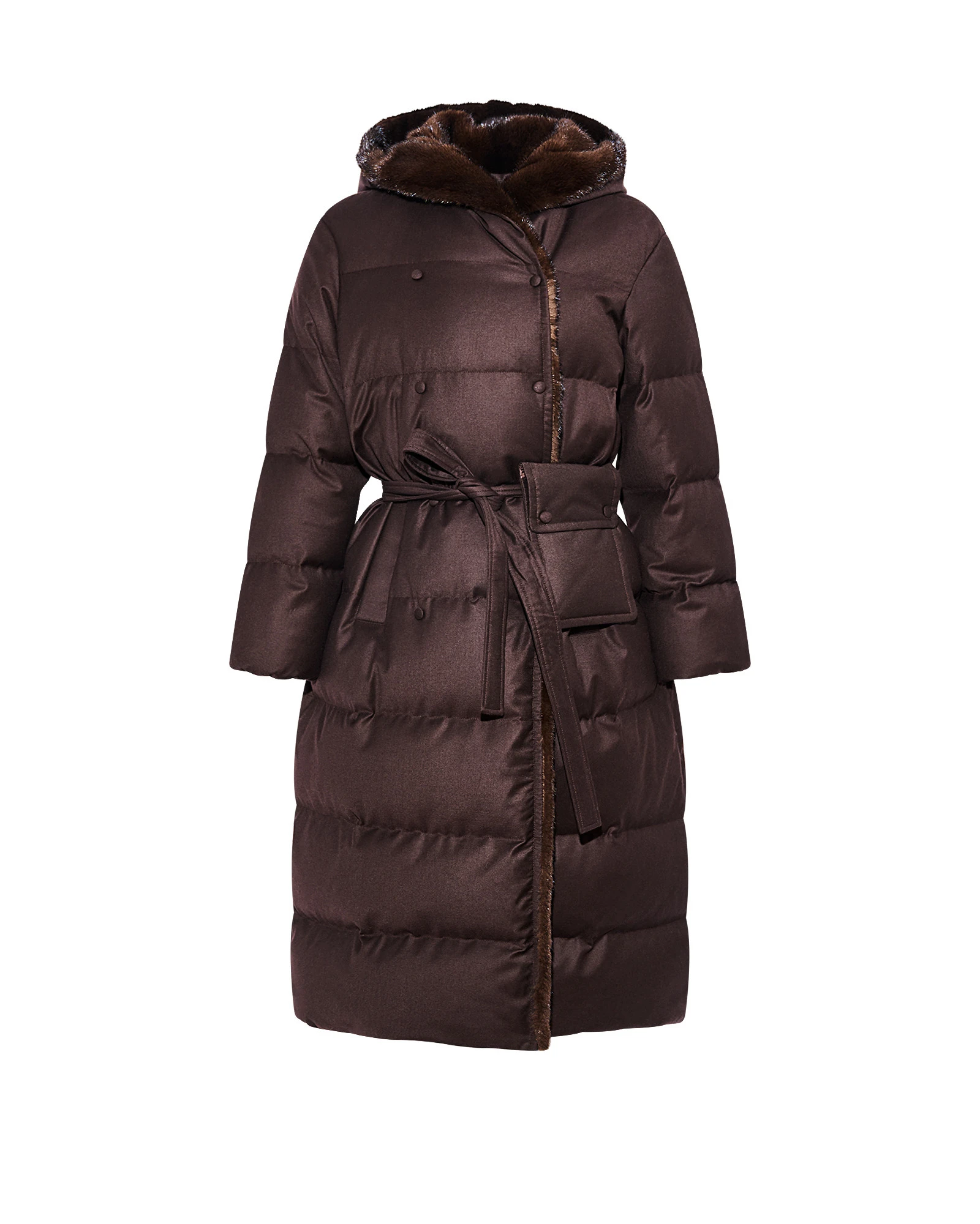 Yves Salomon Long Hooded Double-Breasted Down Jacket with Mink Fur in Brown Yves Salomon Long Hooded Double-Breasted Down Jacket with Mink Fur in Brown | Coats | Luxury Shoes