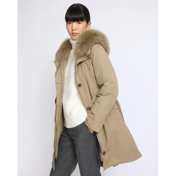 Yves Salomon Long Iconic Parka with Fox and Rabbit Fur in Beige | Coats | Luxury Shoes 